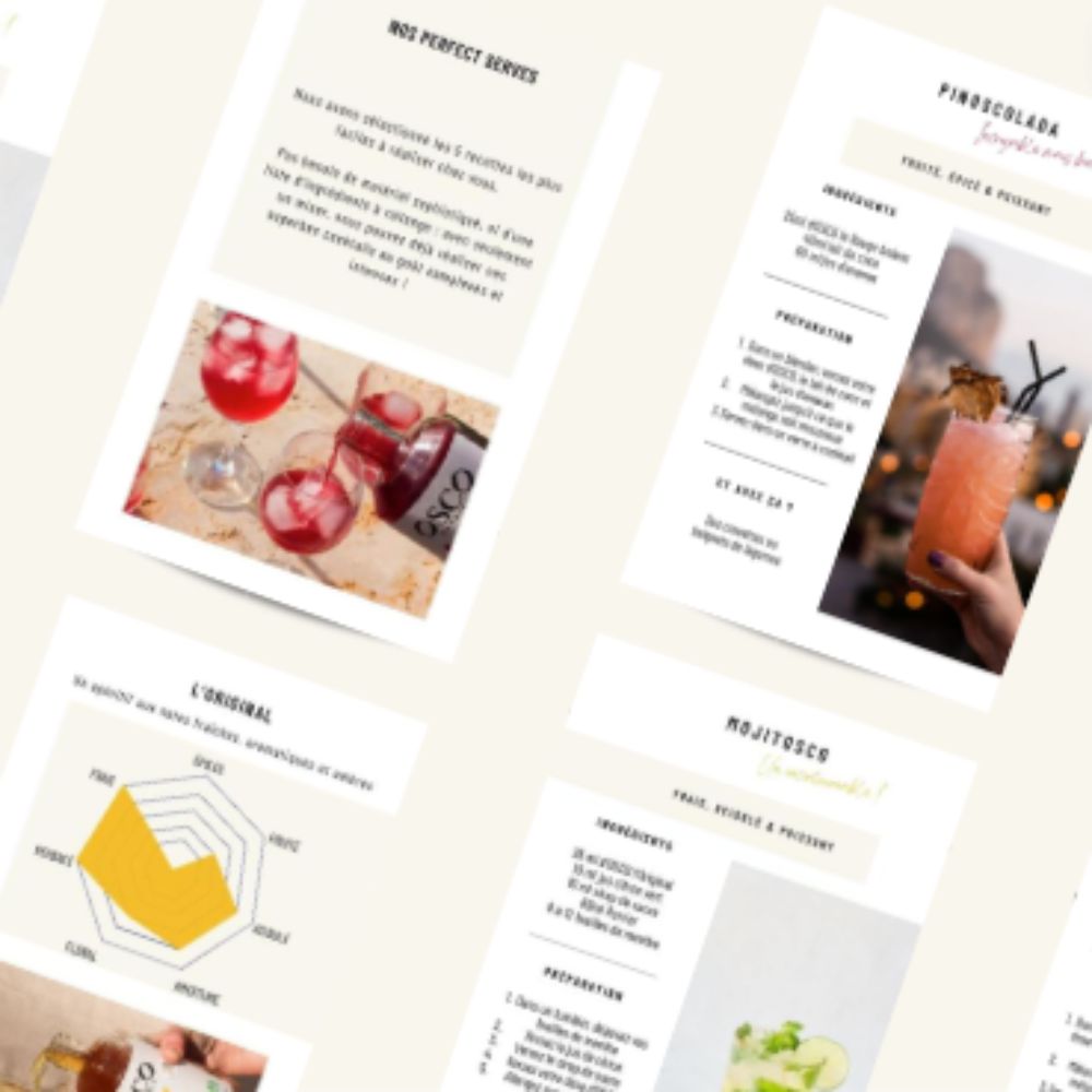 Un livret de recettes cocktails sans alcool à base d'OSCO, des apéritifs sans alcool de caractère. Des recos de food pairings pour savourer vos cocktails sans alcool en grignotant des tapas.