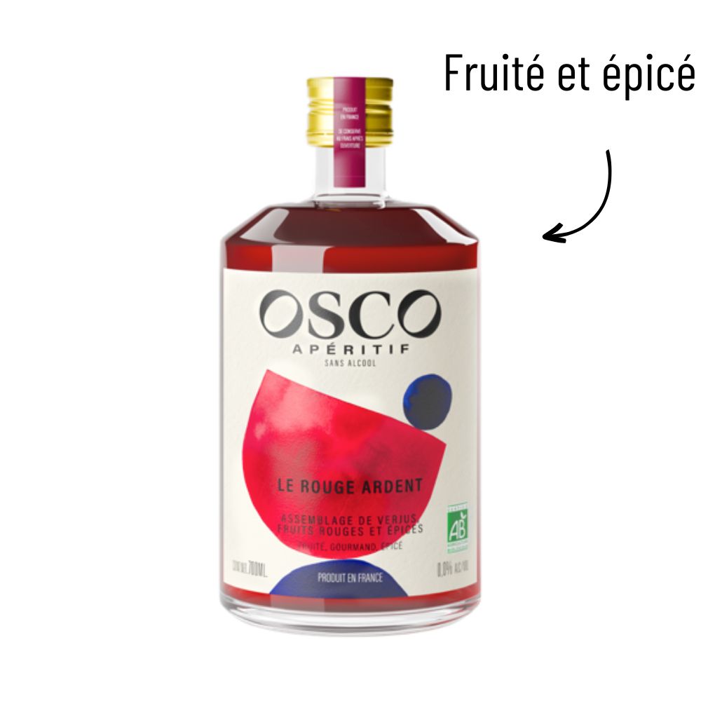 OSCO Le Rouge Ardent bio - apéritif sans alcool bio et fabriqué en France. Régalez-vous de cocktails sans alcool riches en saveurs. Ses notes fruitées et épicées permettent de servir des cocktails sans alcool délicieux.
