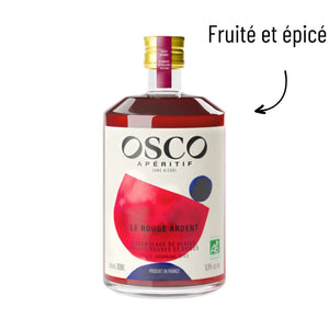 OSCO Le Rouge Ardent bio - apéritif sans alcool bio et fabriqué en France. Régalez-vous de cocktails sans alcool riches en saveurs. Ses notes fruitées et épicées permettent de servir des cocktails sans alcool délicieux.