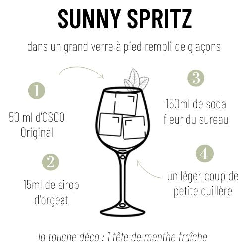 Kit cocktail Sunny Spritz : OSCO L'Original bio & sodas fleur de sureau. Un cocktail sans alcool qui va vous émerveiller par sa fraîcheur et ses notes légèrement gourmandes pour un plaisir sans alcool intense.