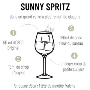 Kit cocktail Sunny Spritz : OSCO L'Original bio & sodas fleur de sureau. Un cocktail sans alcool qui va vous émerveiller par sa fraîcheur et ses notes légèrement gourmandes pour un plaisir sans alcool intense.