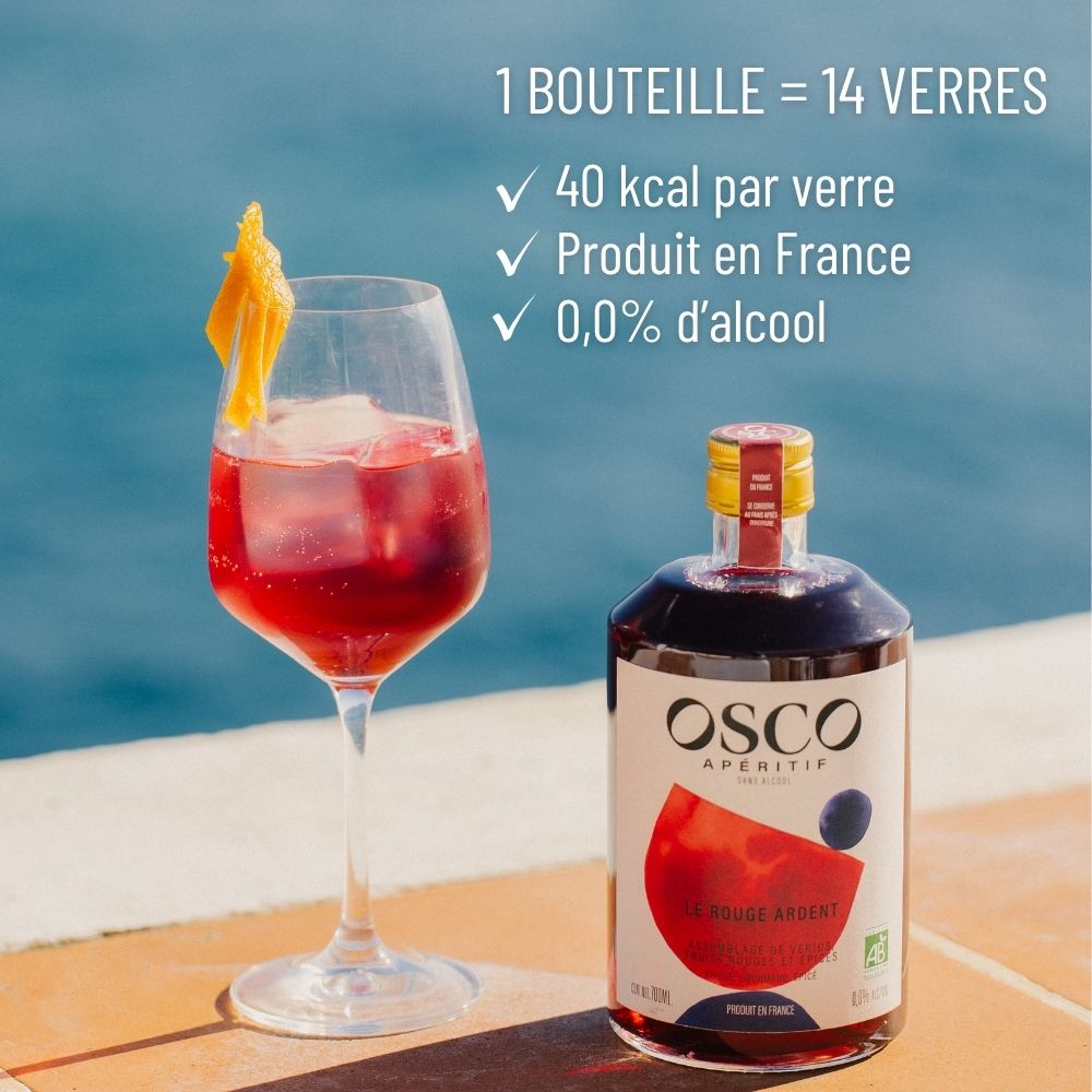 OSCO Le Rouge Ardent, apéritif sans alcool bio 0,0 %, produit en France, avec environ 14 verres par bouteille.