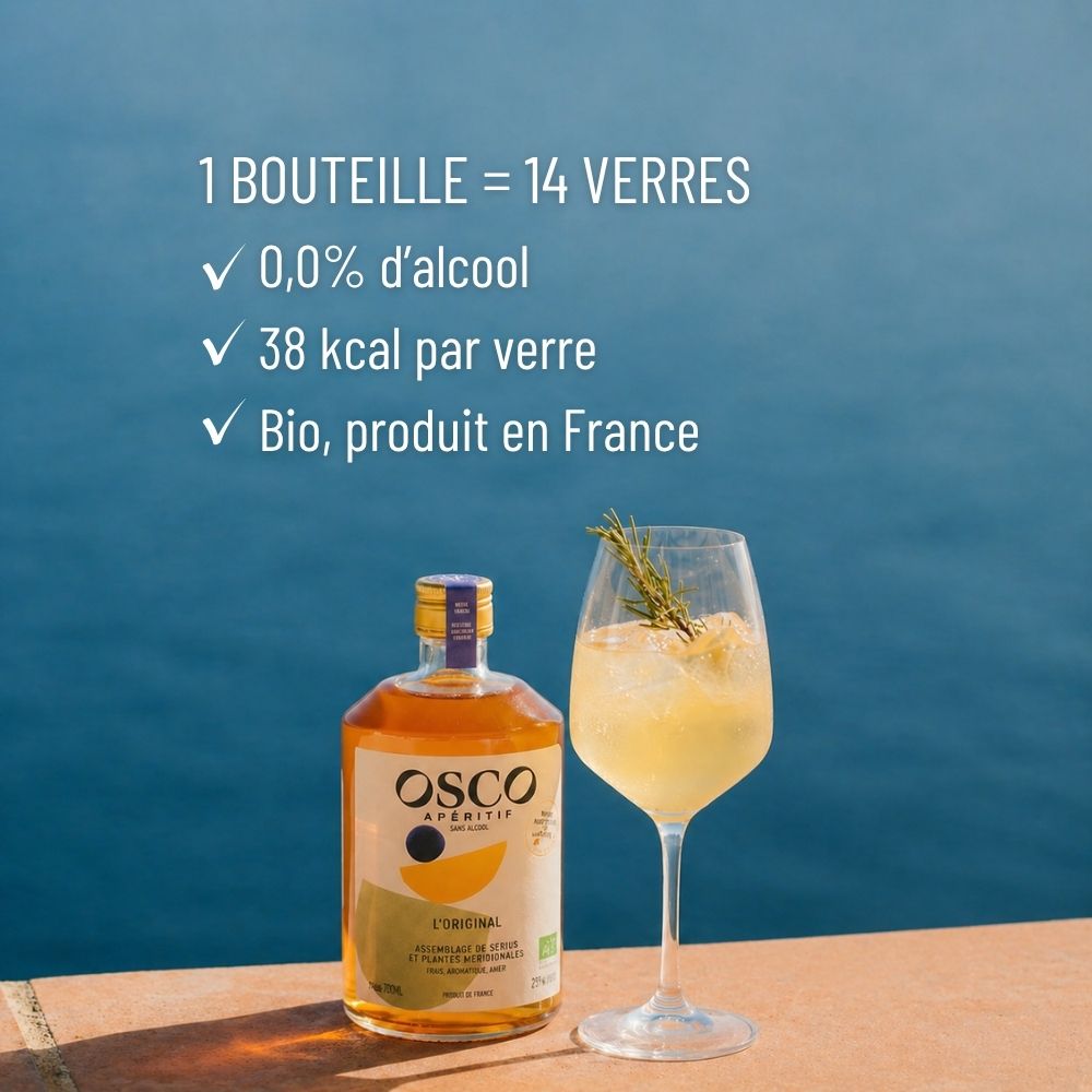 Bouteille d’OSCO L’Original avec cocktail tonic sans alcool bio français faible en calories