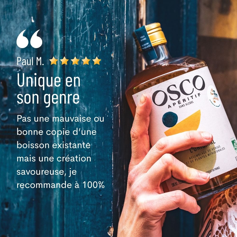 Avis client 5 étoiles sur OSCO L’Original apéritif sans alcool au goût unique et savoureux