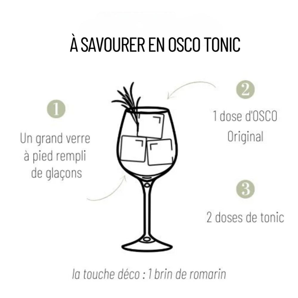 Recette du cocktail OSCO Tonic sans alcool avec tonic, glaçons et romarin
