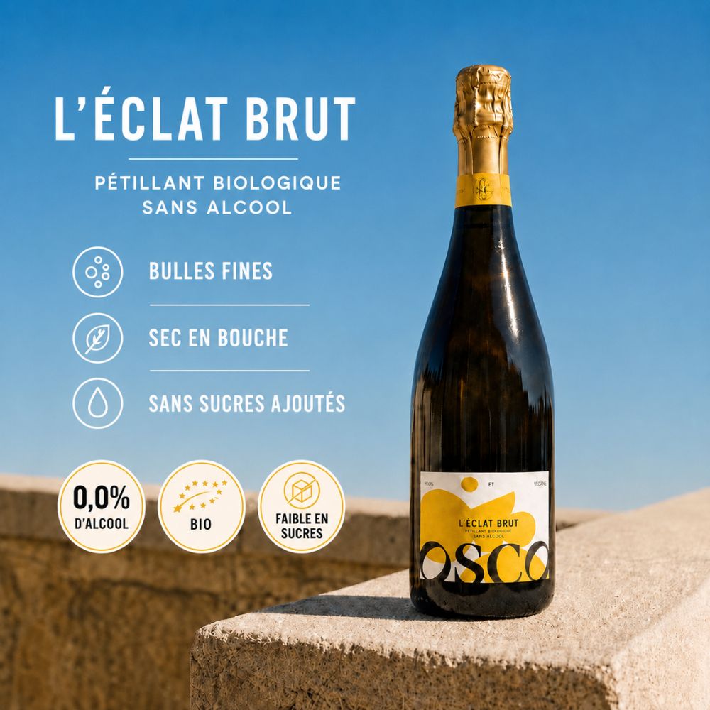 L’Éclat Brut OSCO, pétillant biologique sans alcool, présenté avec ses bénéfices clés : bulles fines, sec en bouche, sans sucres ajoutés, 0,0 % d’alcool et bio.