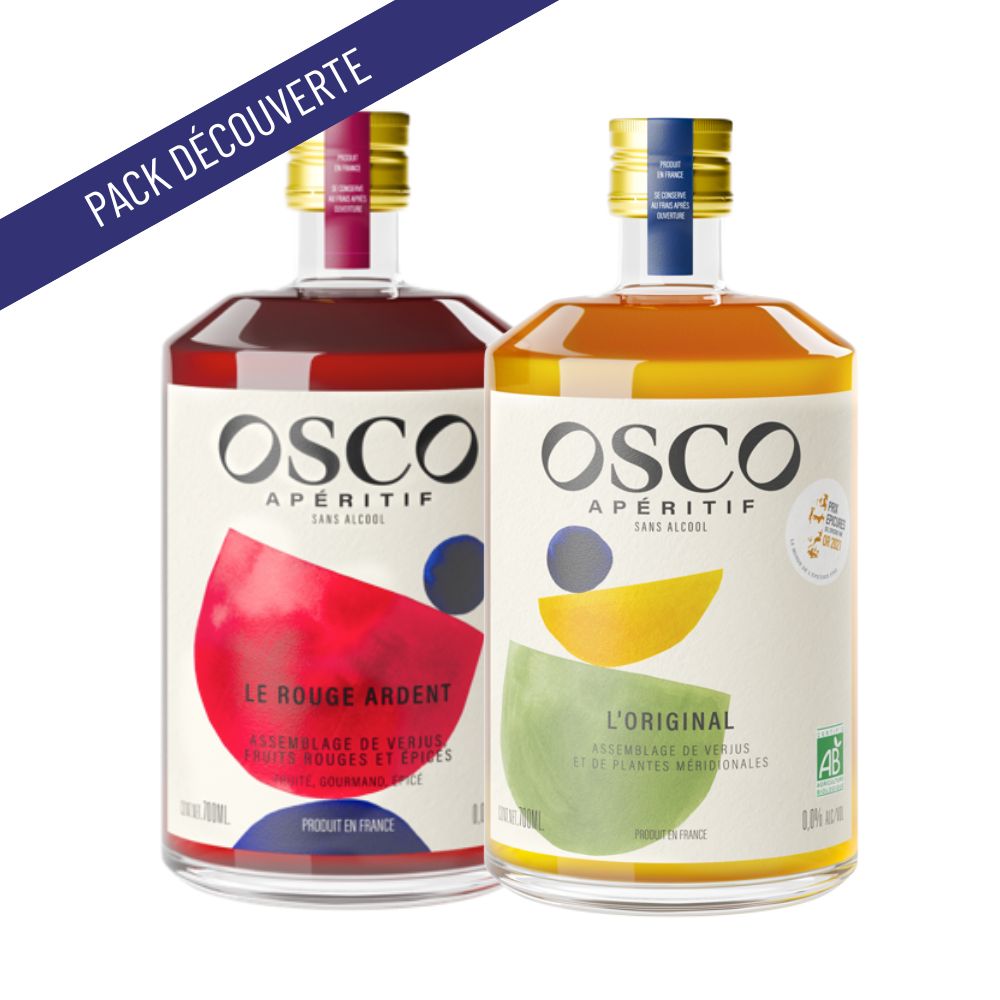 Découvrez nos 2 apéritifs sans alcool de caractère ! OSCO L'Original, aux saveurs fraîches et méridionales et Le Rouge Ardent, aux saveurs uniques de fruits rouges et épices. Des boissons sans alcool parfaites pour des cocktails sans alcool peu caloriques et riches en goût. Revalorisant un savoir-faire viticole français ancestral, le verjus, OSCO offre une belle longueur en bouche de gentiane.